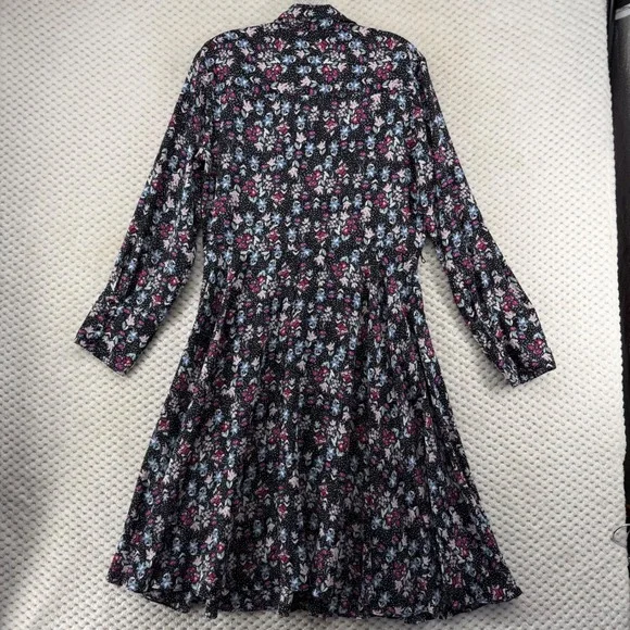 Nanette Lepore Shirt Dress Women 12 Black Floral Polka Dot Pleated Long Sleeve - Picture 9 of 9